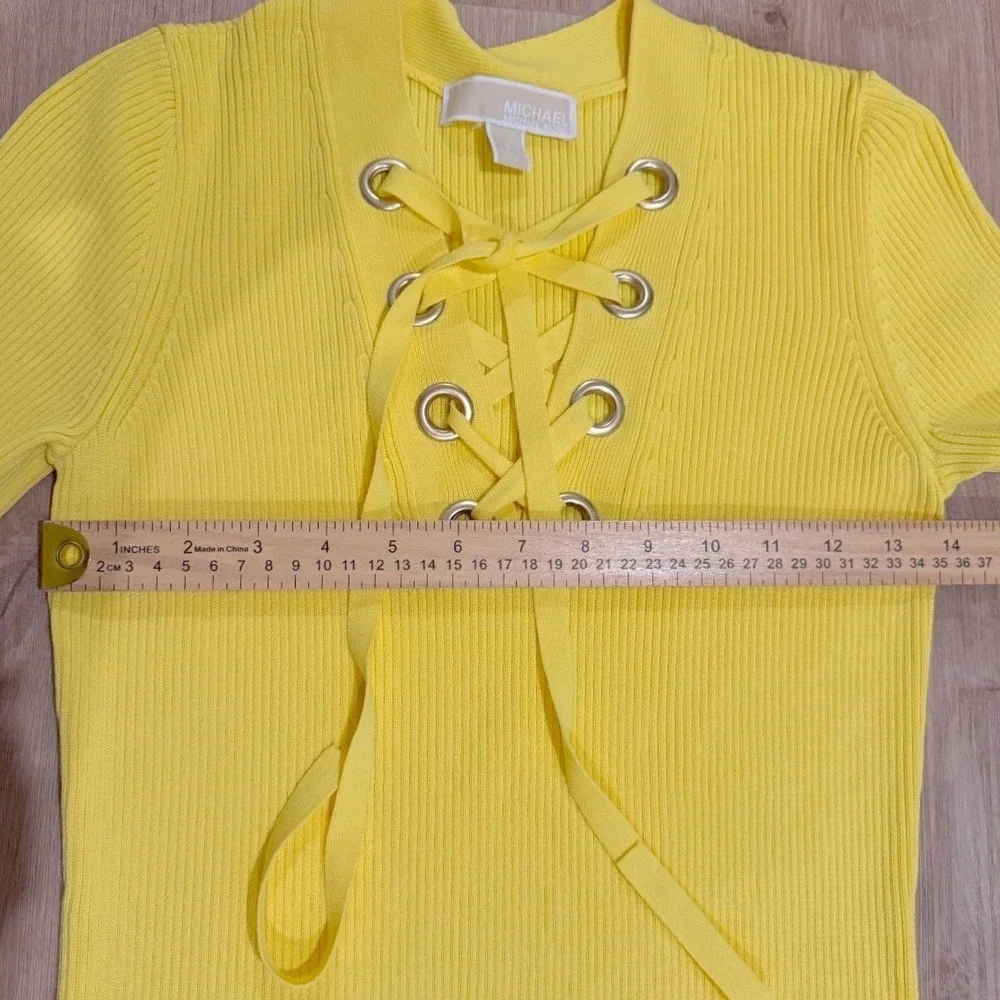 Michael Kors Womens Yellow Ribbed Lace-Up Fitted Chic Midi Sweater Dress Size S